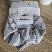 Load image into Gallery viewer, Grey Snowflakes Tie Up Dog Bandana Set (Small)