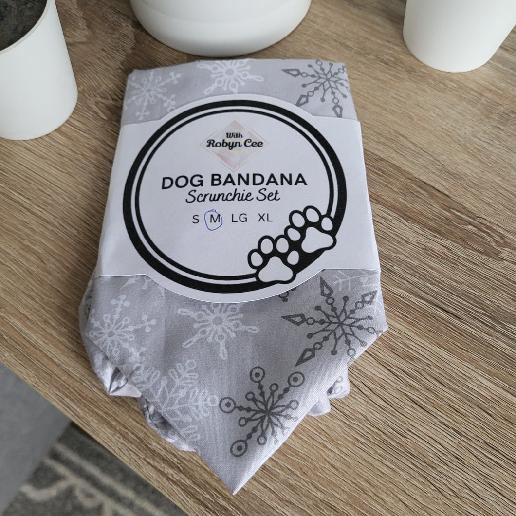 Grey Snowflake Tie Up Dog Bandana Set (Medium)