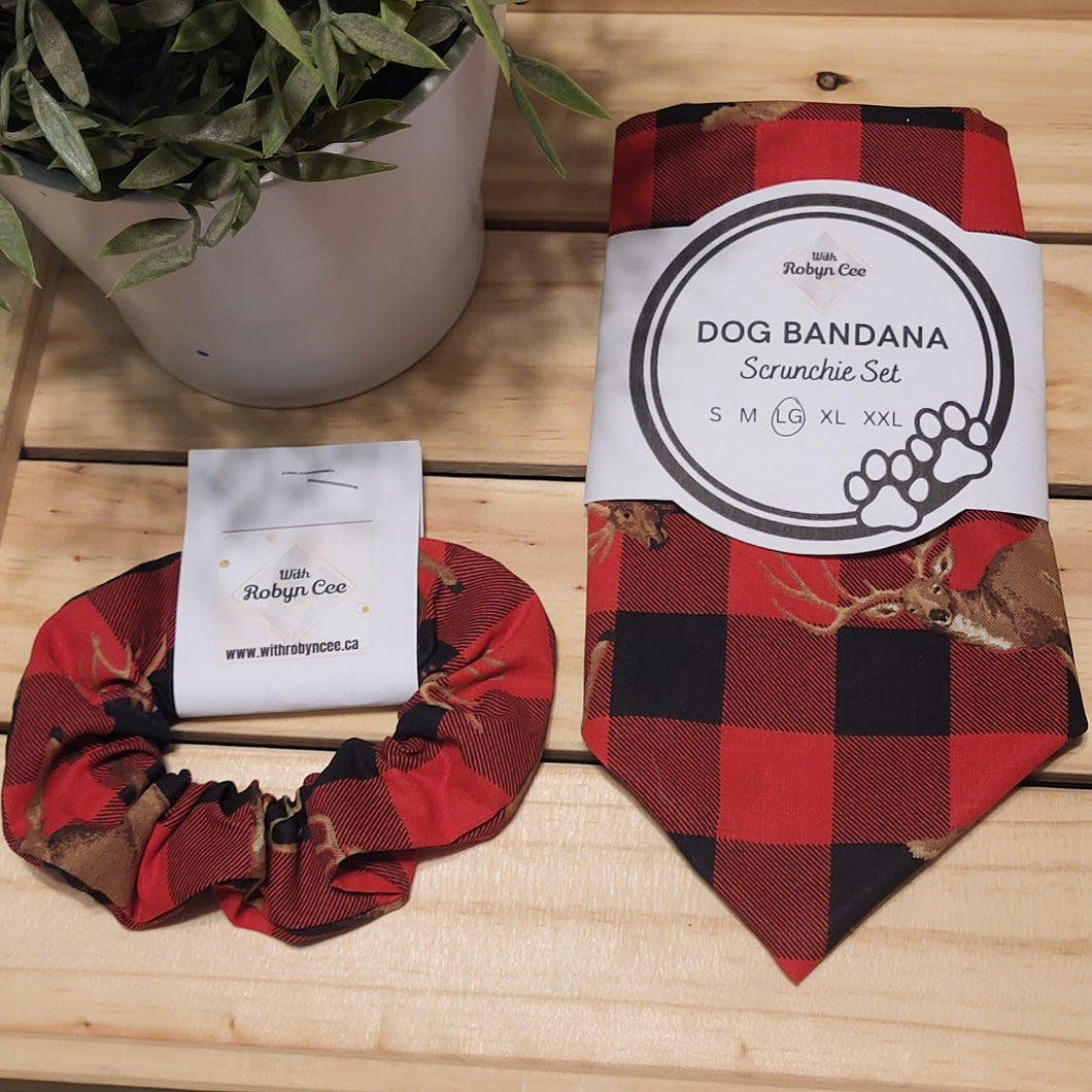 Reindeer Plaid Tie Up Dog Bandana Set (Large)