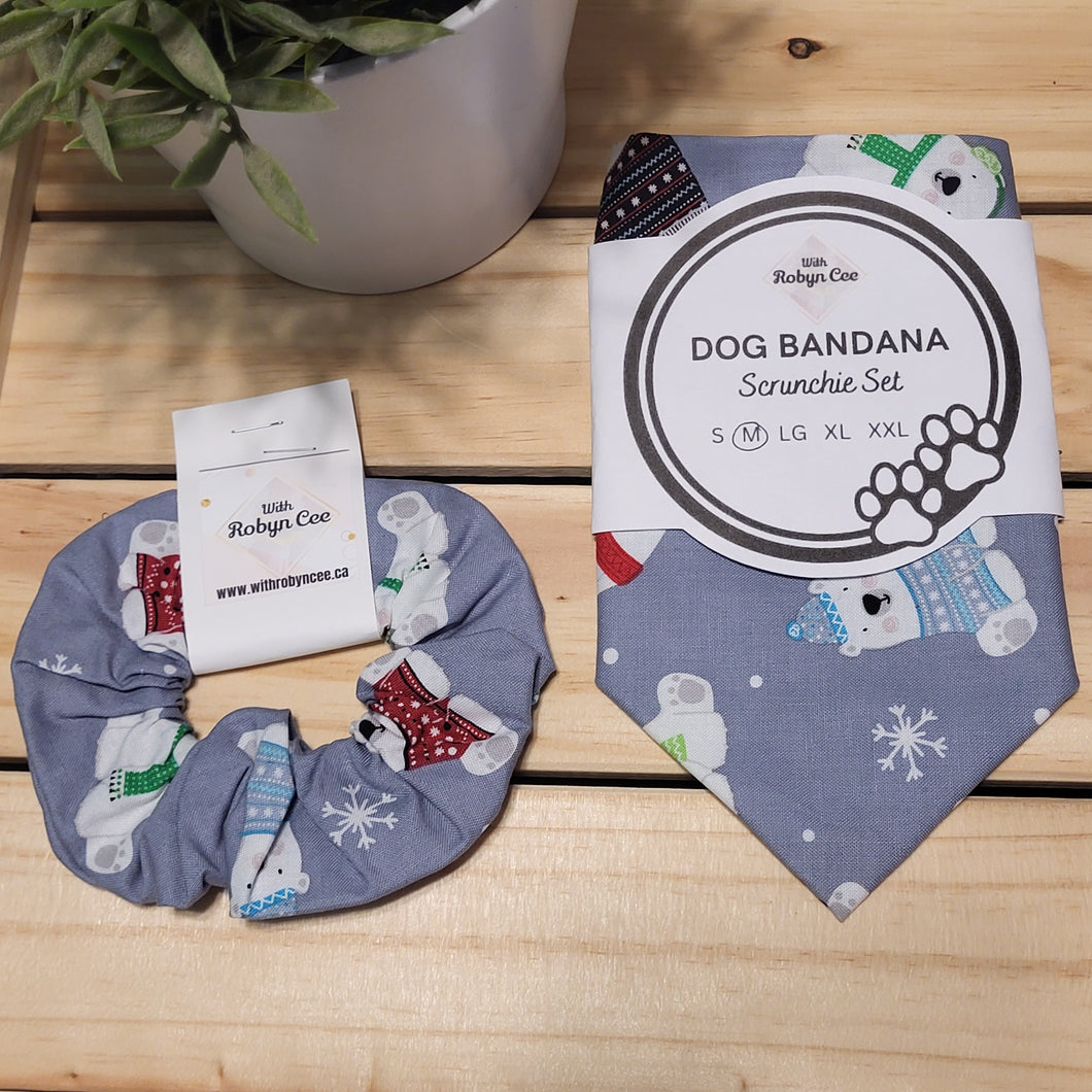 Grey Polar Bear Tie Up Dog Bandana Set (Medium)