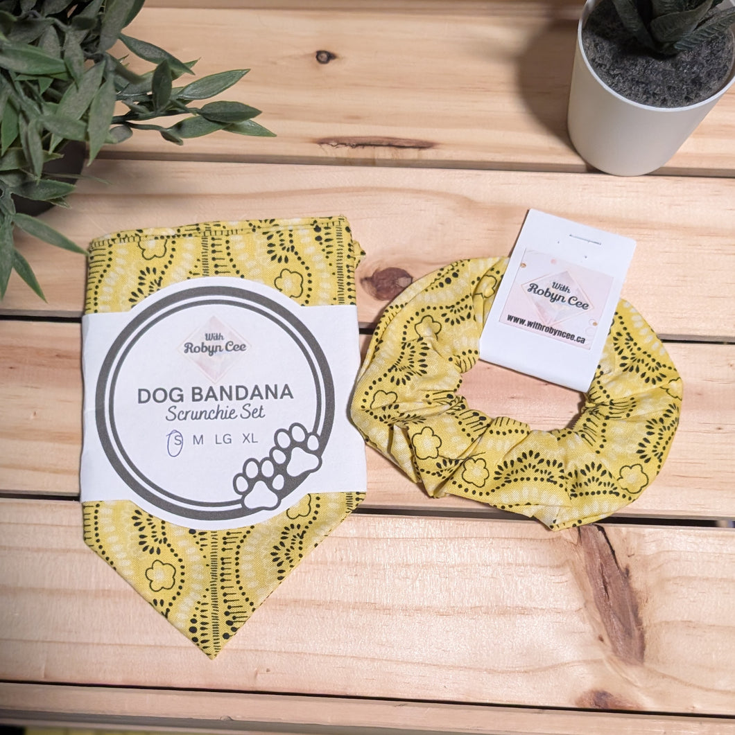 Yellow Printed Tie Up Dog Bandana Set (Small)