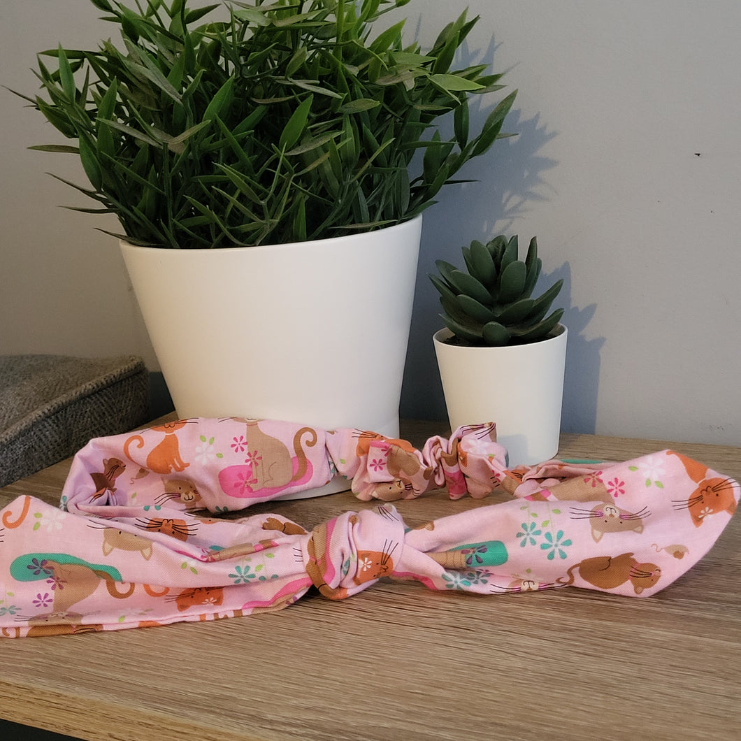 Adult Pink Cats Tie Up Headband