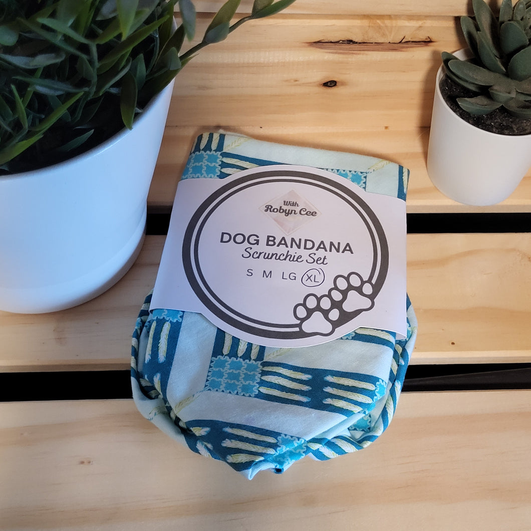 Teal Printed Tie Up Dog Bandana Set (XL)